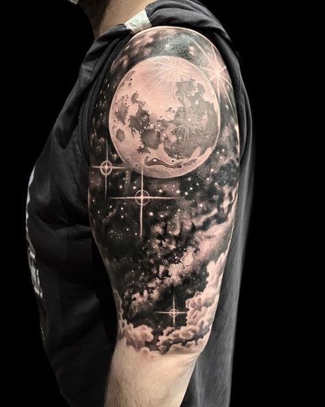 Galaxy Tattoo Ideas Universe, Mens Space Tattoos, Realistic Space Tattoo, Shoulder Space Tattoo, Prufrock Tattoo, Space Half Sleeve Tattoo, Moon Galaxy Tattoo, Galaxy Sleeve Tattoos For Women, Space Shoulder Tattoo