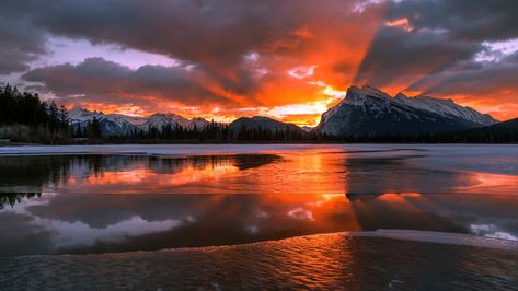 body of water #nature #landscape #mountains #Canada #Alberta #snow #winter #trees #forest #water #lake #Sun #clouds pine trees frozen lake #ice #sunset snowy peak #reflection #1080P #wallpaper #hdwallpaper #desktop 1680x1050 Hd Wallpaper, Background Landscape Hd, Sunrise Wallpaper, Background Landscape, Sunrise Mountain, Winter Sunrise, Sunrise Landscape, Breathtaking Places, Banff National Park