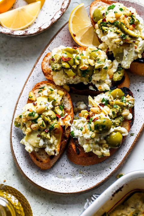 Olive Gremolata, Artichoke Appetizer, Mediterranean Flatbread, Dishing Out Health, Grilled Artichoke, Artichoke Pasta, Baked Feta, Party Dip, Feta Dip