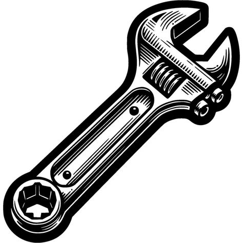 Adjustable wrench in monochrome. Workshop hardware toolkit. Simple minimalistic in black ink drawing on white background Wrench Drawing, Black Ink Drawing, Adjustable Wrench, Tree Saw, Heart Tree, Logo Banners, Cityscape Photos, Nature Backgrounds, Art Tools