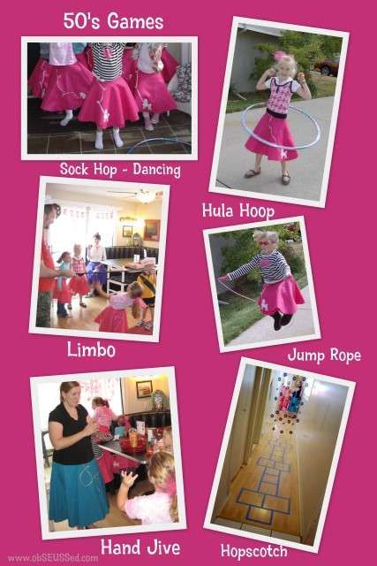 50's Sock Hop Girl's Birthday Party | CatchMyParty.com Fifties Party, 50s Sock Hop, 50s Theme Parties, Sock Hop Party, Girls Party Games, Hand Jive, Rock N Roll Party, Sock Hop, Birthday Party Activities