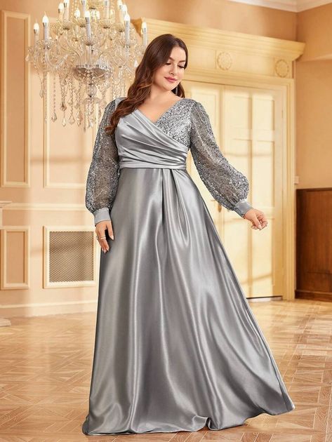 Women Plus Size Fashionable Evening Party Formal Dress (Heavy Industry Style) | SHEIN USA Outfit Bralette, Plus Prom Dresses, Party Dress Codes, Arabic Wedding, Plus Size Shirt Dress, Maxi Dress Long Sleeve, Luxury Green, Sequin Evening Dress, Party Maxi Dress