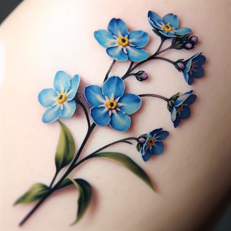 Forget Me Not Tattoo Flower Meaning - Tattoo Worx Blue Cover Up Tattoo, Memory Flower Tattoo, Sunflower With Forget Me Nots Tattoo, Blue Flower Tattoo Designs, Forget Me Nots Meaning, Plumeria Tatoos, Tattoo Flower Meaning, Small Ideas Tattoo, Blue Flower Tattoos For Women