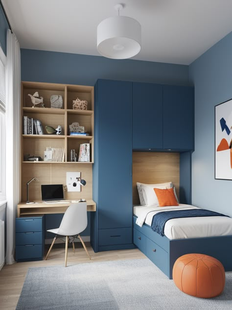 Boy Furniture Bedroom, Boy Bedroom Ideas Small Rooms, Dark Blue Furniture Boys Bedroom, Kids Room Built Ins, Storage Bedroom, Tennage Boy Room Design, Kids Beds With Storage Blue, Boys Bedroom Furniture, Teenager Bedroom Boy