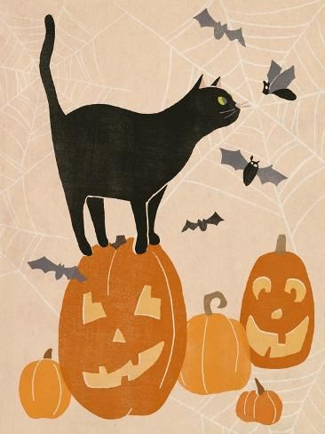 size: 12x9in Art Print: Pumpkin Patch Cats I by June Vess : Jack O Lantern Cat, Witch Print, Canvas Home, Halloween Cat, Halloween Art, The Holiday Aisle, Modern Wood, Trademark Fine Art, Pumpkin Patch