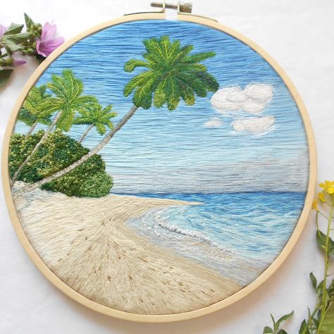 Embroidered Beach Scene, Embroidery Ocean Patterns, Beach Embroidery Designs, Ocean Embroidery, Embroidery Beach, Beach Embroidery, Flower Pattern Drawing, Embroidery Hoop Art Diy, Embroidery Hoop Wall Art