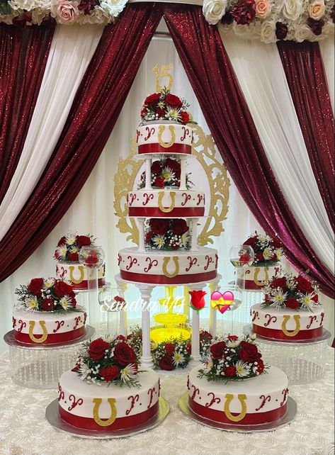 Red And Gold Charro Quinceanera Cake, Western Quince Cakes, Red Quince Theme Cake, Rancho Style Quinceanera, Charro Venue Quince, Mexico Themed Quinceanera, Quince Decorations Charro Theme, Red Vaquero Quince, Ranchero Theme Quinceanera