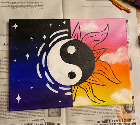 Yin and yang Sun And Moon Painting Easy, K Pop Boy Band, Trippy Painting, World Dance, Painting Canvases, Easy Canvas, Cute Canvas Paintings, Easy Canvas Art, Moon Painting