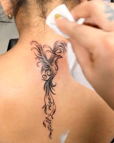 Pheonix Spinal Tattoo, Phoniex Tattoo Women, Phenoix Tattoos For Women, Phoniex Tattoo Design, Phoenix Tattoo Feminine Back, Still I Rise Phoenix Tattoo, Phoenix Tattoo Feminine The Ashes, Pheonix Tattoo Ideas Female, Phönix Tattoo Women