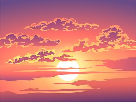 Cloudy sunset sky illustration | Premium Vector #Freepik #vector #sunset-clouds #sky-illustration #sun-clouds #sky-view Sunset Background Drawing, Sunset Sky Drawing, Sun Art Drawing, Sunset Cartoon, Cartoon Sunset, Sun Mural, Planets Aesthetic, Gods Photos, Sky Cartoon