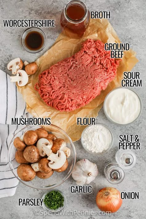 Ground Beef Stroganoff (Hamburger) - Spend With Pennies Beef Stroganoff Hamburger, Hamburger Beef Stroganoff, Dish With Mushrooms, Crock Pot Stroganoff, Steak Stroganoff, Beef Mushroom Stroganoff, Hamburger Stroganoff Recipe, Easy Ground Beef Stroganoff, Homemade Beef Stroganoff