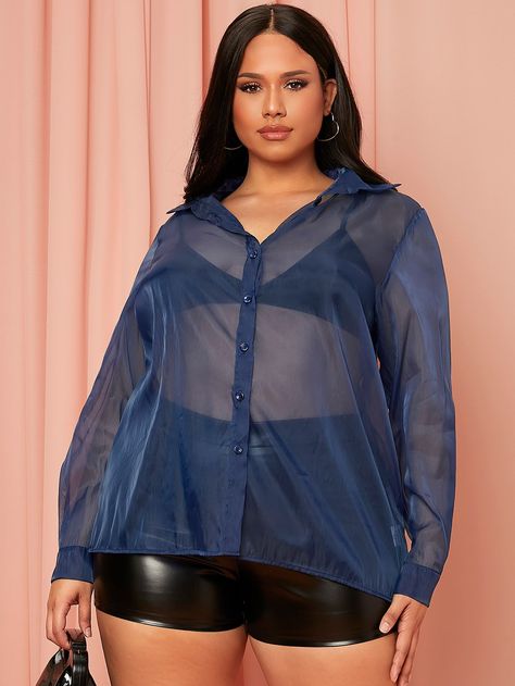 Navy Blue Sexy Long Sleeve Mesh Plain Shirt Embellished Non-Stretch Spring/Summer Plus Size Tops Blue Blouse Outfit, Sheer Top Outfit, Chiffon Blouses, Without Bra, Summer Plus Size, Navy Blouse, Sheer Shirt, Plain Shirt, Plain Shirts