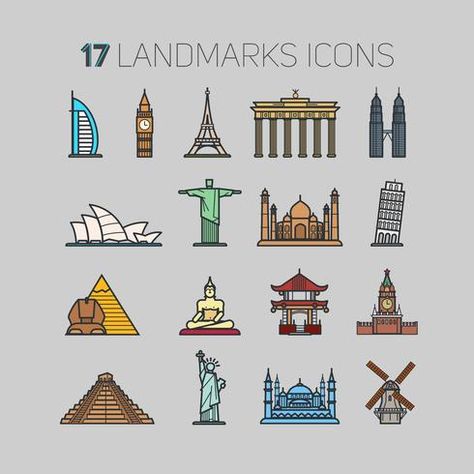 17 icons landmarks from around the world, in a contour technique and flat color for you. Travel Doodle Art, Travel Doodle, Travel Doodles, Travel Clipart, Landmarks Art, Flat Icons Set, Doodle Art Drawing, Animal Crafts For Kids, Drawing Style