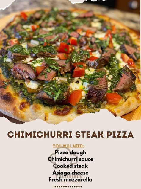 🍕🌿 Transform your pizza night with this Chimichurri Steak Pizza with Asiago and Fresh Mozzarella! #SteakPizzaRevolution Chimichurri Steak Pizza Ingredients: Pizza dough (1 lb) Chimichurri sauce (1/2 cup) Cooked steak, thinly sliced (1 cup) Asiago cheese, shredded (1/2 cup) Fresh mozzarella, sliced (1 cup) Instructions: Roll out dough, spread chimichurri as the base. Top with steak, Asiago, and mozzarella. Bake at 475°F for 12-15 minutes. 🥩🧀 A fusion of bold flavors and melty cheeses on a cr... Chimichurri Pizza, Gourmet Pizza Recipes, Wood Pizza Oven, Mozzarella Bake, Chalkboard Kitchen, Chimichurri Steak, Dog Pizza, Beef Pizza, Egg Pizza