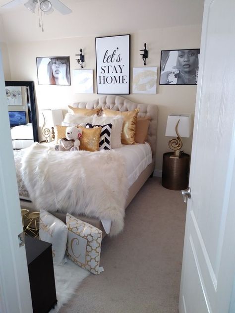 Bedroom Decor With Gold Accents, Grey And Gold Bedroom Ideas Decor, White And Gold Bedroom Ideas Master, Ivory And Gold Bedroom Ideas, Gold White And Black Bedroom, Silver And Gold Bedroom Ideas, White Gold And Black Bedroom, White And Gold Apartment Decor, Gray And Gold Bedroom Ideas