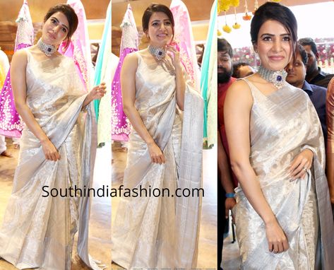 Samantha Akkineni At Mugdha Store Launch Silver Kanchipuram Saree, Silver Silk Saree, Silver Saree, Simple Bun, Samantha Akkineni, Saree Jewellery, Casual Frocks, Latest Designer Sarees, Designer Wall