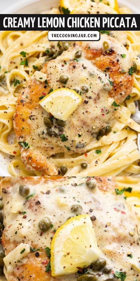 Creamy lemon chicken piccata is a delicious 30-minute meal with lightly breaded chicken breasts smothered in a garlic and caper cream sauce. This quick and easy chicken goes great over a bed of pasta, egg noodles, or rice for a simple but flavorful weeknight dinner. Easy Chicken Piccata Recipe, Easy Chicken Piccata, Piccata Sauce, Lemon Chicken Piccata, Piccata Recipe, Chicken Piccata Recipe, Chicken Breast Recipes Baked, Creamy Lemon Chicken, Chicken Dishes Easy