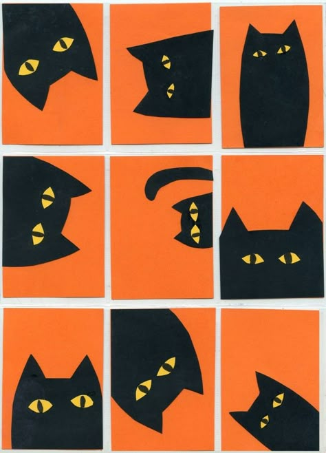 Here's a Halloween idea for a very cute cat collage. Makes for a great series of cards or group work with lots of creative possibilities. Kunst Collages, Illustrator Pattern, Fall Applique, Contrast Art, Halloween Art Projects, Cat Collage, Halloween Quilt, 2nd Grade Art, Fall Art Projects