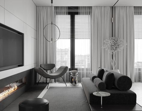 Bedroom/ Спальня on Behance Camino Design, Tv Camino, Modern Exterior Design, Monochrome Living, Monochrome Living Room, Black And White Furniture, White Wall Paneling, Open Plan Apartment, Black And White Home Decor