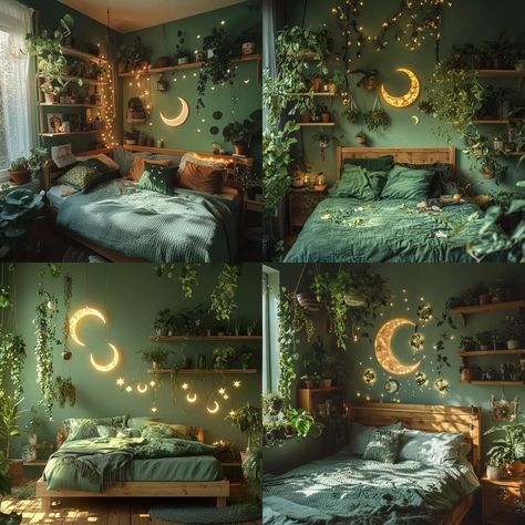 Green Witchy Bedroom, Green Witch Bedroom, Witch Bedroom, Witchy Bedroom Ideas, Witch Bedrooms, Witchy Bedroom, Old Souls, Witch Room, Fairy Lights Bedroom