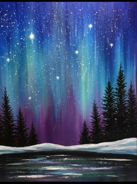 Bob Ross Painting Night, The Northern Lights Painting, January Paint Night Ideas, Winter Paint Night Ideas Easy, Paint Nite Paintings, Cold Painting Ideas, Winter Night Acrylic Painting, Northern Lights Art Project For Kids, Northern Lights Pastel Art