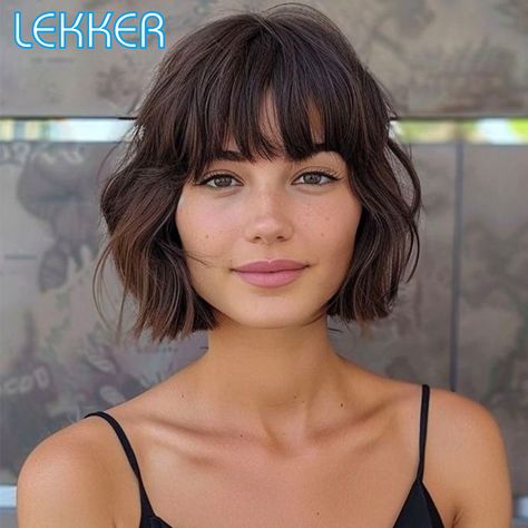 Lekker Brown Short Body Wave Bob 100% Human Hair Wigs With Bangs For Women Brazilian Remy Hair Full French Shag Haircut Short, Hairstyle Bob Short, Short Hair And Bangs Hairstyles, Bangs With Bob Haircut, Italian Bob With Bangs, Short Hair Cuts For Women With Bang, Bob Bangs Hairstyles, Short Hair Fringe Bangs, Short Hair With Short Bangs