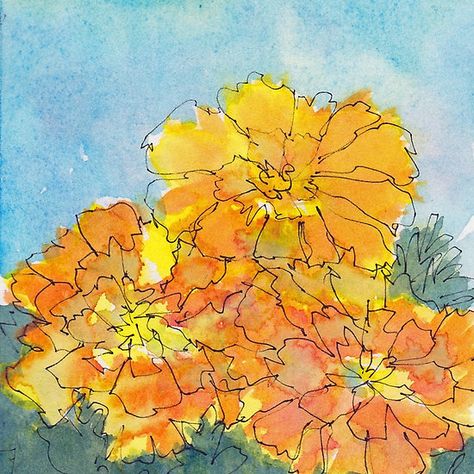 Marigold Watercolor Painting, Marigold Watercolor, April Watercolor, Watercolor Marigold, Loose Watercolor, Watercolor Flower Art, Colorful Watercolor, Watercolor Wash, Watercolor Flowers Paintings