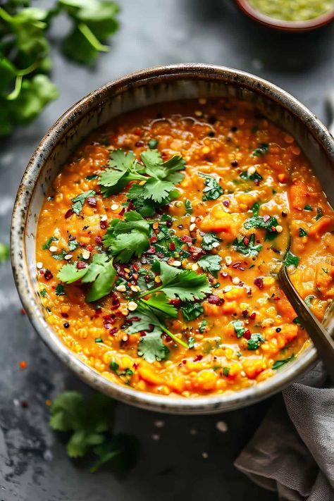 Try this 30-minute red lentil dahl for a quick and flavorful vegetarian curry. Perfect for a healthy dinner, this Indian lentil recipe can be enjoyed as a soup or stew. Spicy Lentil Curry, Indian Dahl Recipe Lentil Curry, Split Red Lentil Recipes, Easy Dahl Recipe, Dahl Recipe Indian, Pumpkin Dal, Lentil Dhal Recipe, Split Pea Curry, Indian Sweet Potato