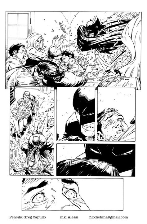 Personal exercise of inking on Greg Capullo's pencils: The original pencil is here: http://thegregcapullo.deviantart.com/art/Crashing-the-Party-344143175 Comics INK by Alessandro Alessi Anghini, via Behance Comics Inking, Batman Cover, Graphic Novel Layout, Ryan Ottley, Comic Book Drawing, Storyboard Illustration, Greg Capullo, Best Comic Books, Western Comics