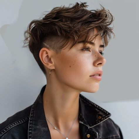 Womens Short Mullet Hairstyles, Short Mowhak Hairstyle Woman, Short Haircuts With Undercut, Short Haircuts Androgynous, Short Lesbian Haircut, Nonbinary Short Hair, Big Cheeks Haircut, Short Hair Shaved Sides Women, Androgynous Hair Round Face