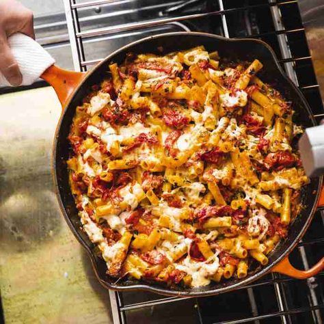 Cast Iron Baked Ziti with Charred Tomatoes | America's Test Kitchen Charred Tomatoes, Summer Potluck, Cooking Pasta, Boiling Pasta, Cookie Toppings, Skillet Pasta, Oprah Magazine, Tomatoes Recipe, America's Test Kitchen Recipes