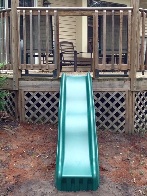 Sliding Board Off of Deck Slide On Deck, Slide From Deck To Yard, Slide Off Deck, Outdoor Kids Crafts, Mobile Home Diy, Play House Ideas, Farmhouse Outside, Deck Slide, Outdoor Kids Play Area