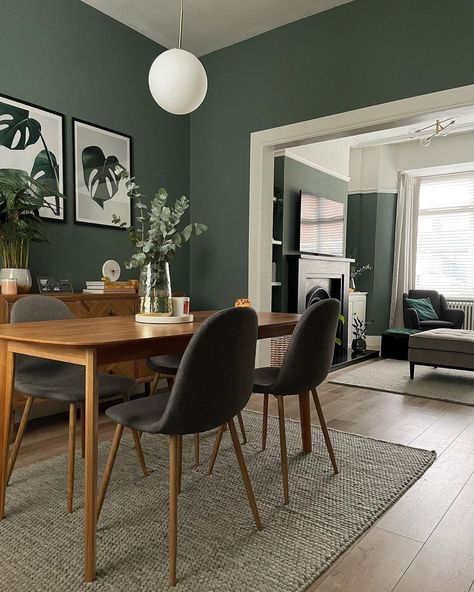 Green Dining Room Walls, Cosy Dining Room, Dining Room Colour Schemes, Green Dining Room, Dining Room Accents, Living Room Dining Room Combo, Dinning Room Design, Open Dining Room, Dining Room Colors