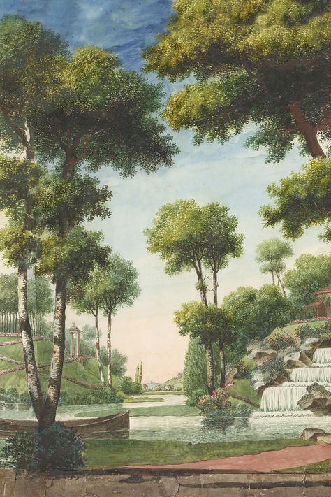 A reproduction of a section of the 18th century transparent masterpiece "Promenade au parc" by French painter, engraver and landscape architect Louis de Carmontelle.  
#pierrefreyjanuary2020 #pierrefrey #pierrefreyfurniture  #pierrefreywallpaper #interiordesign #homedecor Zoffany Wallpaper, Pierre Frey Fabric, T Wallpaper, Interior Design Consultation, Wallpaper Furniture, Flower Texture, Printed Carpet, Custom Carpet, Pierre Frey