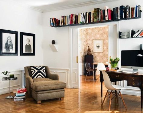 floating bookshelves at ceiling level | Book Lovers, Unique Shelf Ideas for Your Apartment Door Shelf, Deco House, Unique Shelves, Kid Rooms, Small Living Room Decor, Book Shelves, Modern Country, Home Library, A Living Room