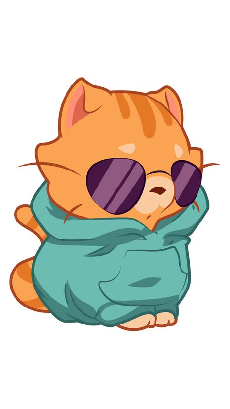 The handsome orange cat put on black sunglasses and a green oversized hoodie, which made him incredibly cool and stylish. The cute sticker with Cool Cat in Hoodie!. Cat In Hoodie, Black Cat Sticker, Hoodie Drawing, Hoodie Cartoon, Chibi Cat, Cat Glasses, Cat Sunglasses, Cat Stands, Orange Cats