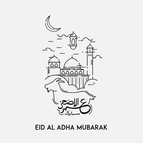 Eid Al Adha card with line art goat and mosque Mosque Outline, Ramadan Pattern, Eid Al Adha Wishes, Eid Al-adha Design, Eid Al Adha Greetings, Eid Mubarak Images, Happy Eid Al Adha, Eid Card, Eid Card Designs