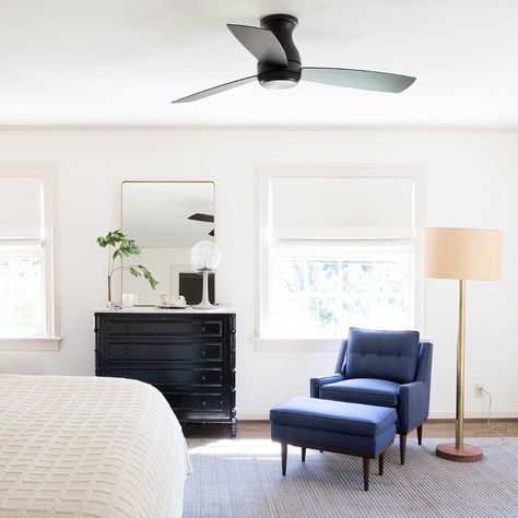 The Best Ceiling Fan For Every Space – Schoolhouse Prewar Apartment, Ceiling Fan White, Hallway To Bedrooms, Iconic Chairs, Black Ceiling Fan, Black Ceiling, Led Ceiling Fan, White Room, Types Of Lighting