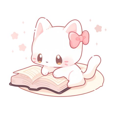 Cute Kawaii Cat Reading a Book Pink Kitten Sticker Book Cute Icon, Kawaii Book Drawing, Chibi Reading Book Pose, Cute Chibi Art Kawaii, Cute Animal Drawings Kawaii Chibi, Chibi Reading Book, Cute Doodles Drawings Kawaii, Love Cute Pics, Cute Book Icon