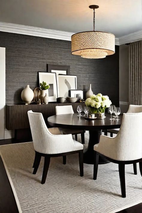 Dining room with balanced textures of grasscloth wallpaper and smooth surfaces Dining Room Inspiration Transitional, Textured Wallpaper Dining Room, Dining Room Wallpaper Ceiling, Elegant Dining Room Modern, Dinning Room Decor Ideas Modern Luxury, Dining Room Paneled Walls, Accent Wall Ideas Dining Room, Exploring Wallpaper, Black Dining Table Decor Ideas