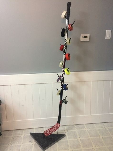 For all the hockey lovers! DIY hockey tape holder. Hockey Nets, Hockey Tape, Hockey Decor, Hockey Stick, Hockey, Desk, Bedroom, Pins, Quick Saves