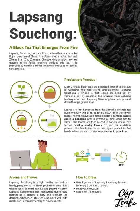 Lapsang Souchong: A Black Tea That Emerges From Fire - Cup & Leaf tea #tea #tearecipe #teainfographic #infographic #teaforhealth #healthbenefitsoftea #teafacts Tea Sommelier, Best Teas For Health, Tea Infographic, Best Tea Brands, Lapsang Souchong Tea, Best Matcha Tea, Tea Facts, Tea Blends Recipes, Matcha Coffee