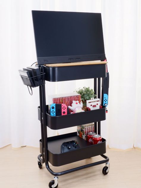 Turn IKEA Kitchen Cart into Nintendo Switch Gaming Cart! Tidy Up All Game Stuffs and Play Around with 2101H Portable Monitor Board Game Cart, Desk Side Cart, Portable Desk Setup, Portable Gaming Setup, Playstation Storage Ideas, Ikea Cart Ideas, Ikea Kitchen Cart, Raskog Ikea, Game Corner