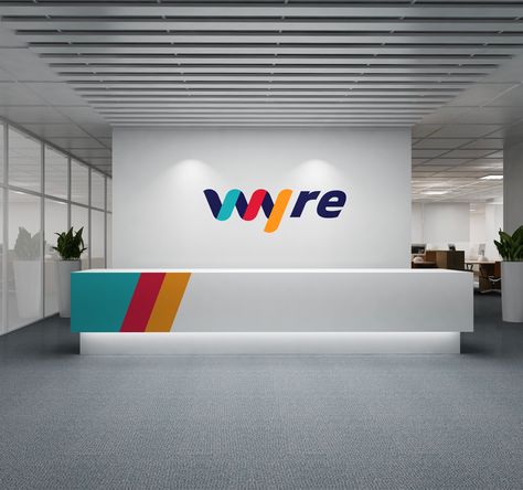 Wyre Brand Identity Design on Behance Office Reception Desk Designs, School Reception, Mobile Shop Design, Office Reception Design, Office Wall Design, Office Logo, Reception Desk Design, Office Lobby, Office Space Design