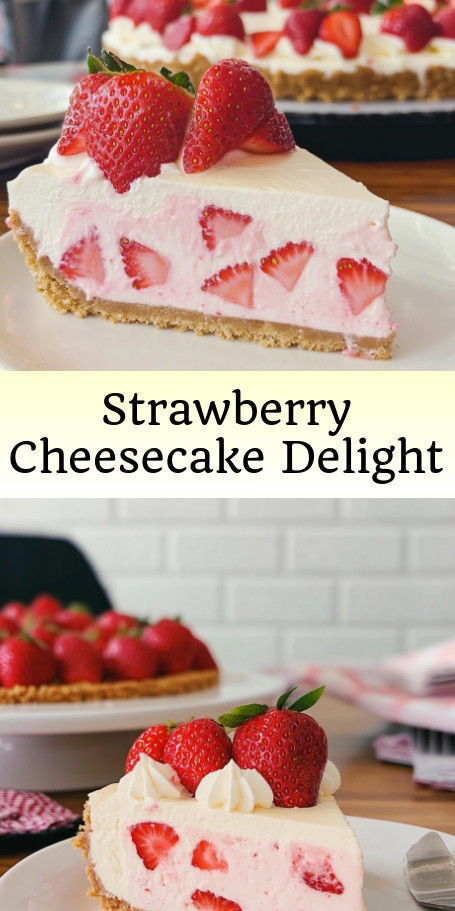 Indulge in the creamy texture and fresh strawberry flavor of this easy No-Bake Strawberry Cheesecake Delight. Perfect for any occasion, this dessert will satisfy your sweet tooth and bring a taste of summer to your table all year round. #NoBakeCheesecake #StrawberryCheesecake #DeliciousDesserts #EasyRecipes #SweetTreats #SummerFlavors Strawberry Cheesecake Recipe Easy No Bake, Strawberry No Bake Cheesecake, Strawberry Cheesecake Recipe Easy, Easy No Bake Strawberry Cheesecake, Strawberry Cheesecake No Bake, Cheesecake Delight, No Bake Strawberry Cheesecake, No Bake Cheesecakes, Cherry Pie Bars