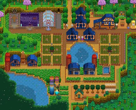 Stardew Valley Farm, Stardew Farms, Stardew Valley Layout, Stardew Valley Tips, Types Of Farming, Stardew Valley Farms, Farm Layout, Farm Design, Farm Decor