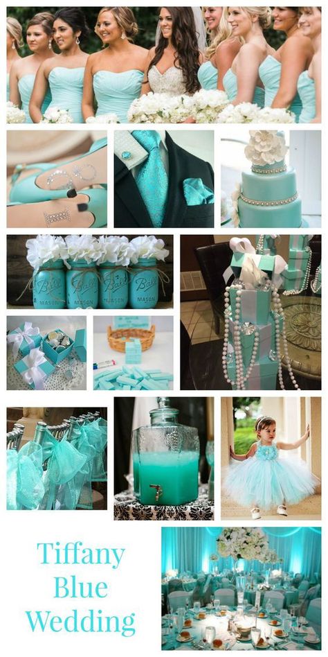 Top 9 Spring & Summer Wedding Color Palettes---tiffany blue, beach weddings with soft hued theme, wedding table settings, wedding cakes with white floral toppers, wedding decorations Navy And Aqua Wedding, Turquoise White And Silver Wedding, Torquise Wedding Theme, Blue Wedding Mood Board, Teal Wedding Theme, Wedding Colors Spring, Tiffany Blue Wedding Theme, Tiffany Blue Weddings, Tiffany Party