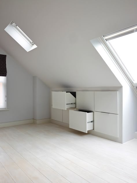 Loft Conversion Bedroom, Attic Bedroom Storage, Eaves Storage, Greenwich London, Attic Bedroom Designs, Loft Storage, Attic Conversion, Attic Design, Attic Apartment