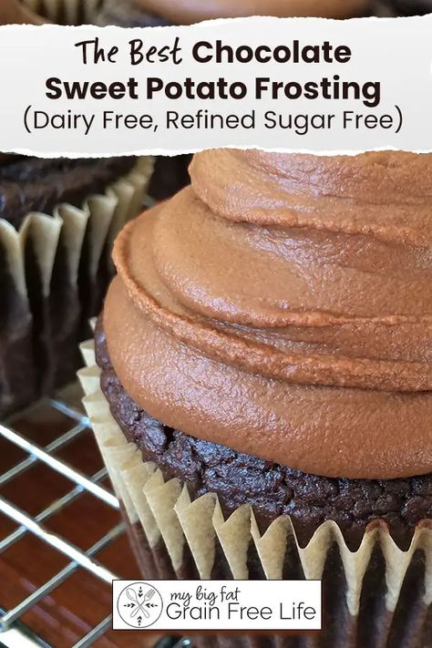 Sweet Potato Frosting Recipe, Sweet Potato Chocolate Frosting, Frosting Dairy Free, Grain Free Cupcakes, Sweet Potato Frosting, Paleo Frosting, Chocolate Sweet Potato, Vegan Chocolate Frosting, Sweet Potato Cupcakes