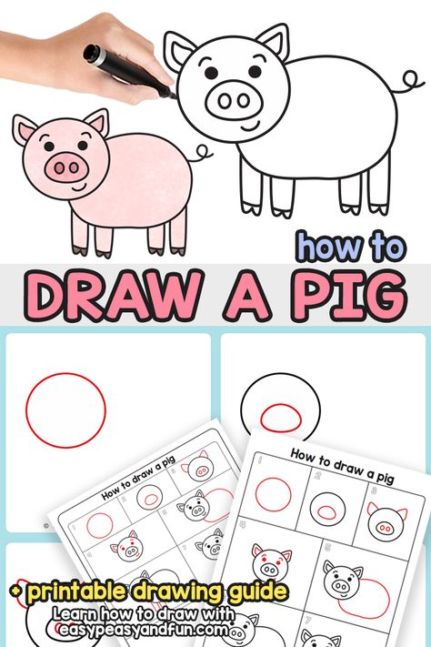 How to Draw a Pig – Step by Step Drawing Tutorial - Easy Peasy and Fun Pig Drawing Easy, Horse Drawing Tutorial, Cow Drawing, Pig Crafts, Pig Drawing, Pig Print, Directed Drawing, Drawing Animals, Marker Paper